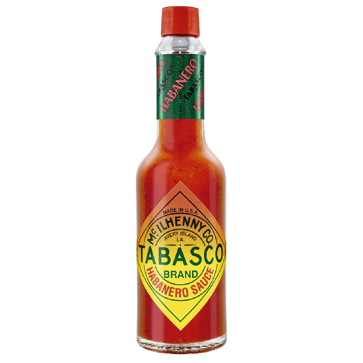 Bottle of Tabasco Habanero Sauce, spicy hot pepper sauce in a clear glass bottle with red cap, labeled with Tabasco branding.