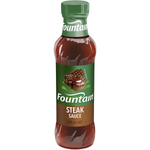 Bottle of Fountain Steak Sauce with a clear label, featuring a rich, savory look, ideal for enhancing grilled or cooked steaks.