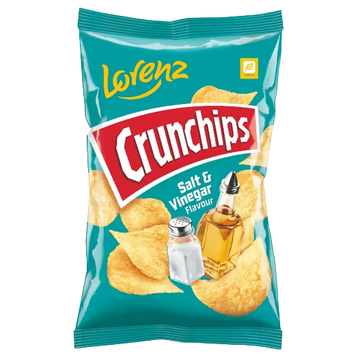 Lorenz Crunchips Sea Salt & Vinegar potato snack in a colorful bag with crispy chips visible inside.