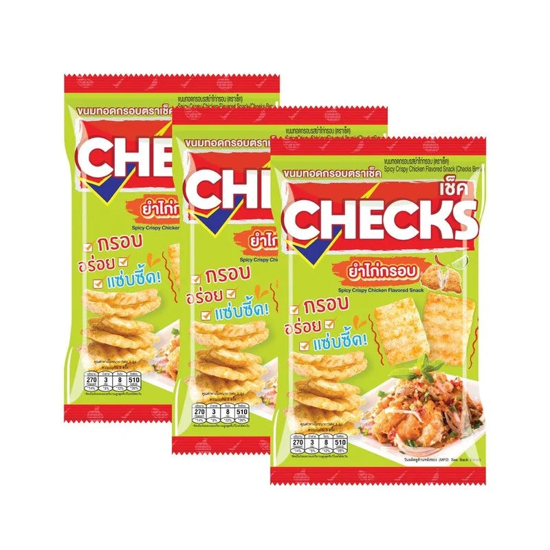 Checks Spicy Crispy Chicken Flavored Snack, 60g x3, crunchy dry grocery snack with bold chicken flavor in colorful packaging.