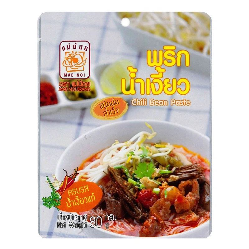 MAE NOI Fried Chili Bean Paste 80g jar, showing the vibrant red chili bean paste in a clear container, used in Asian cooking.