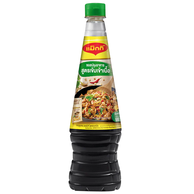 Bottle of Maggi Soy Sauce, a dark liquid condiment for cooking and seasoning in Asian cuisine.