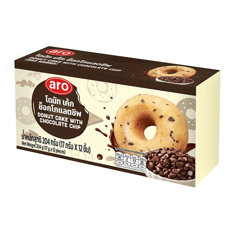 ARO Donut Cake with Chocolate Chips, 17g, pack of 12, dry grocery snack with chocolate chip flavor and donut cake texture.