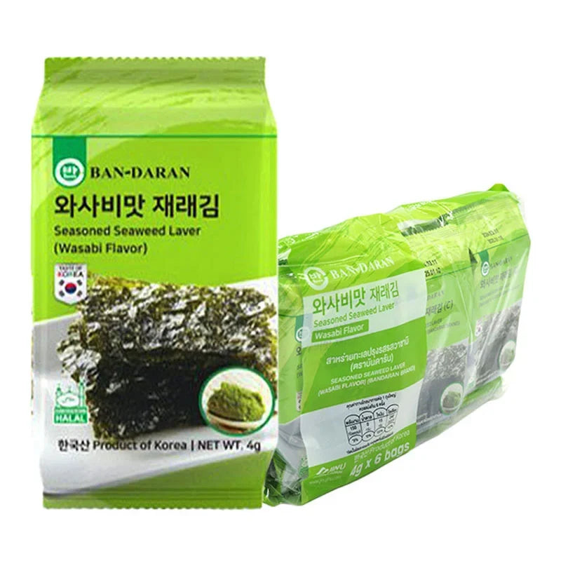 BANDARAN seasoned seaweed with wasabi flavor in 4g dry grocery packet, showing crispy seaweed sheets with wasabi seasoning