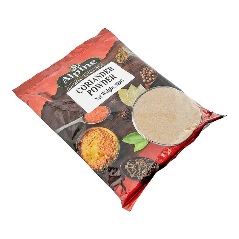 Alpine Coriander Powder 500g in a plastic jar, dry grocery spice with fresh coriander aroma and vibrant green color.