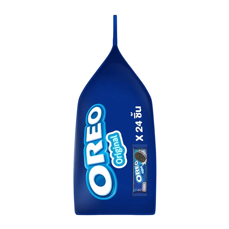 Pack of Oreo sandwich cookies with vanilla-flavored cream, 24.6g x24, showing stacked cookies with cream filling in a clear packaging.