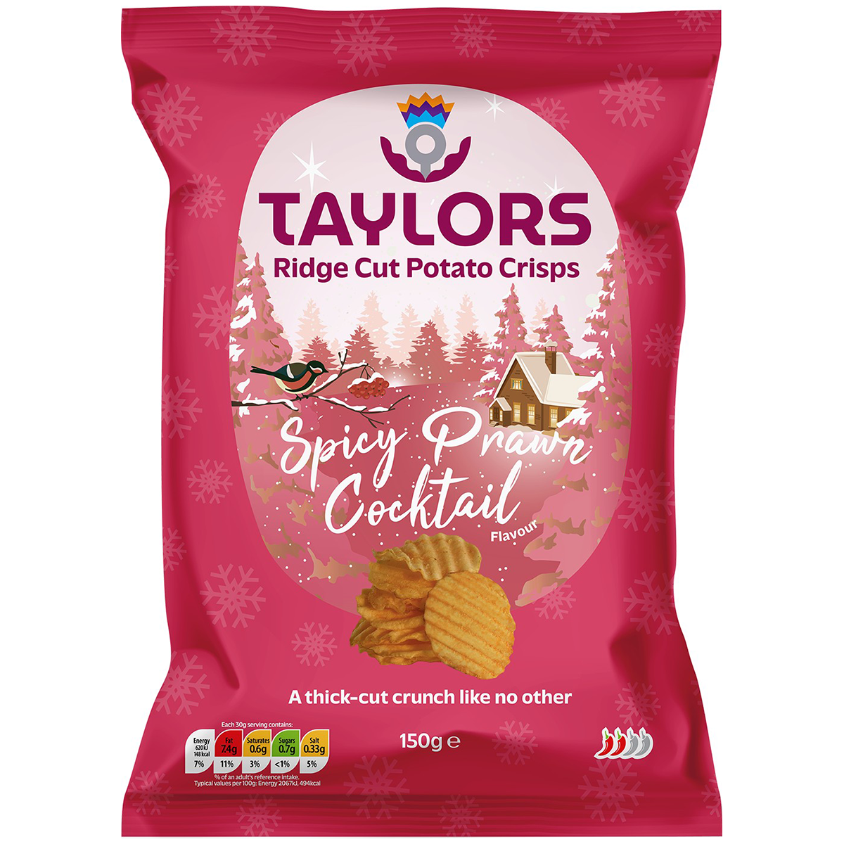Taylors Spicy Prawn Cocktail Crisps in a colorful snack bag, showcasing crunchy prawn-flavored confectionery crisps.