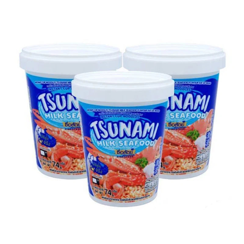 Suesat Sueasat Noodle Cup Tsunami Milk Seafood flavor in a disposable cup, ready-to-eat dry grocery seafood noodle snack.