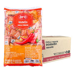 ARO Chilli Sauce 10g packets, dry grocery product, featuring bright red chili sauce containers with branding and nutritional info.