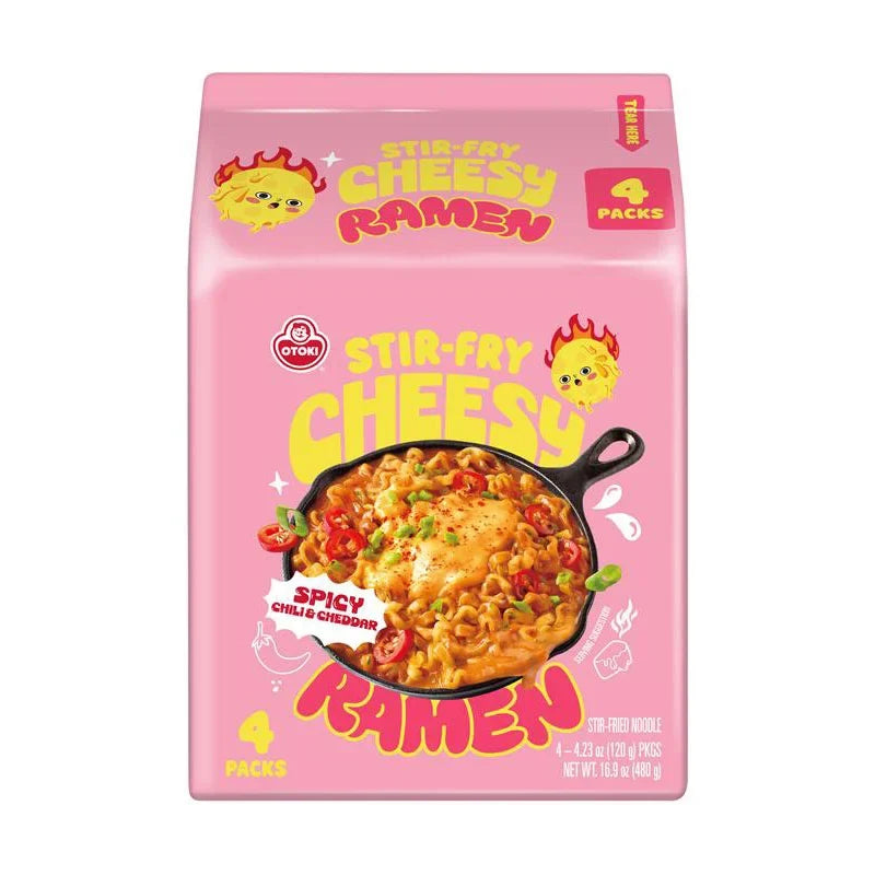 Otoki Stir-Fry Cheesy Spicy Ramen instant noodles in 120g packs, featuring dry grocery spicy ramen with cheese flavor, four-pack.