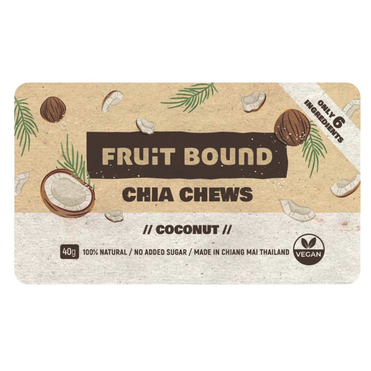 Fruit Bound Chia Fruit Bar in coconut flavor, showing a close-up of the nutritious snack with chia seeds and fruit pieces.