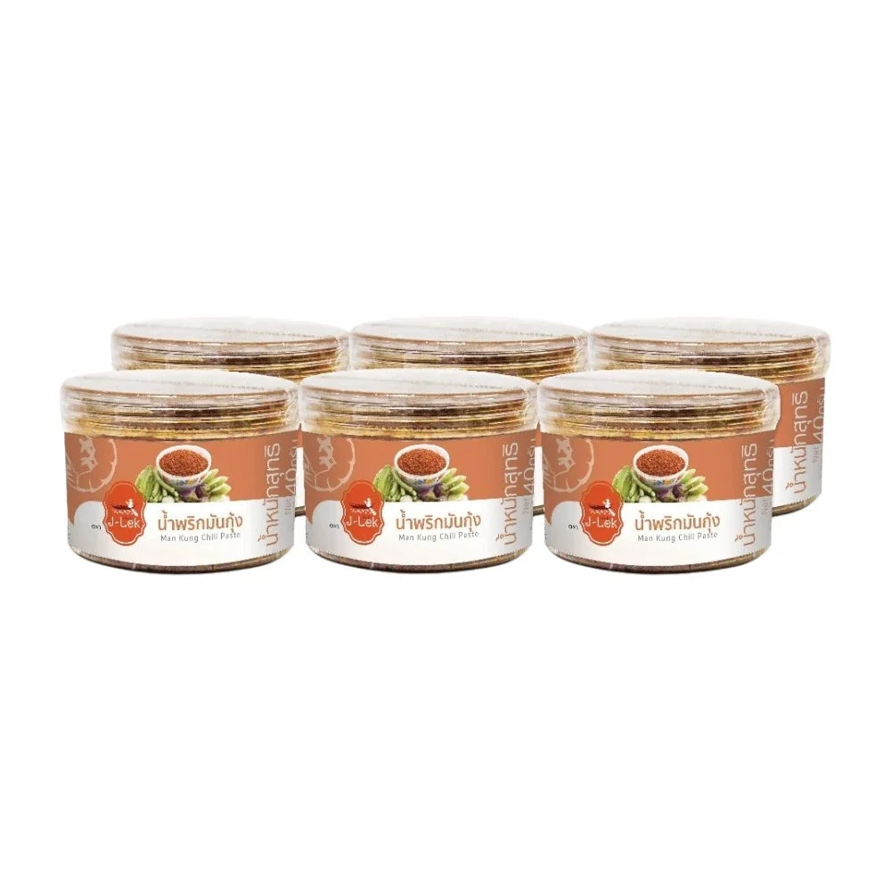 J-LEK Shrimp Chili Paste in a 40g plastic jar, dry grocery product with red chili and shrimp ingredients visible.