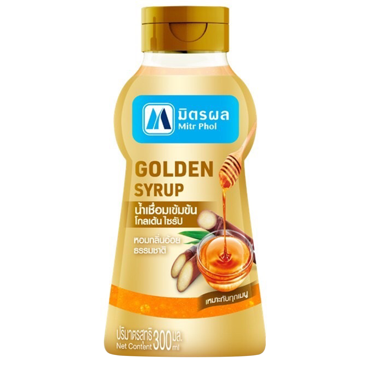Mitrphol Golden Syrup bottle, grocery product with golden-colored syrup in clear packaging, showcasing the brand label and cap