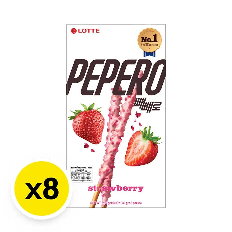 Lotte Pepero Strawberry snack pack, 32g x8, crispy biscuit sticks coated with strawberry-flavored chocolate, in a colorful package.