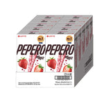 Lotte Pepero Strawberry snack box with 8 packs of 32g each, showing chocolate-covered biscuit sticks with strawberry flavor.