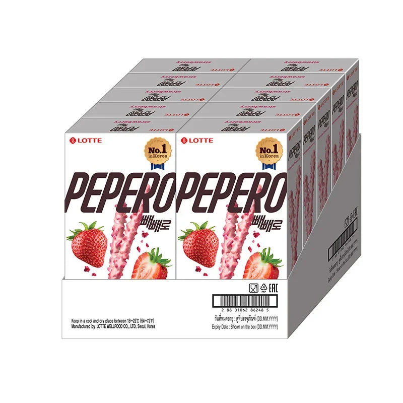 Lotte Pepero Strawberry snack box with 8 packs of 32g each, showing chocolate-covered biscuit sticks with strawberry flavor.