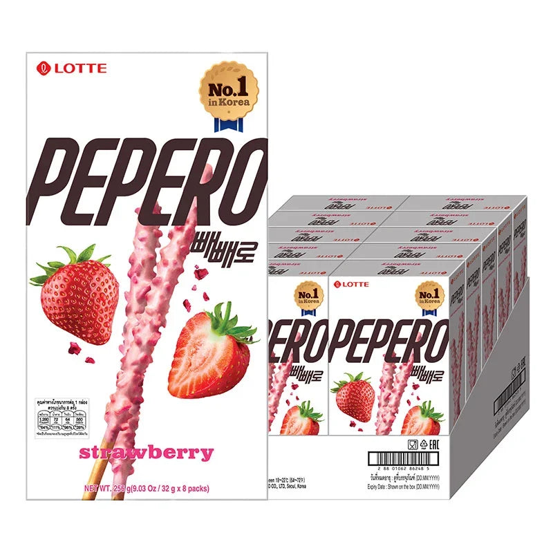 Lotte Pepero Strawberry snack pack with 8 individually wrapped 32g sticks, crispy biscuit coated with strawberry-flavored chocolate.