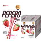 Lotte Pepero Strawberry snack pack with 8 individually wrapped 32g sticks, crispy biscuit coated with strawberry-flavored chocolate.