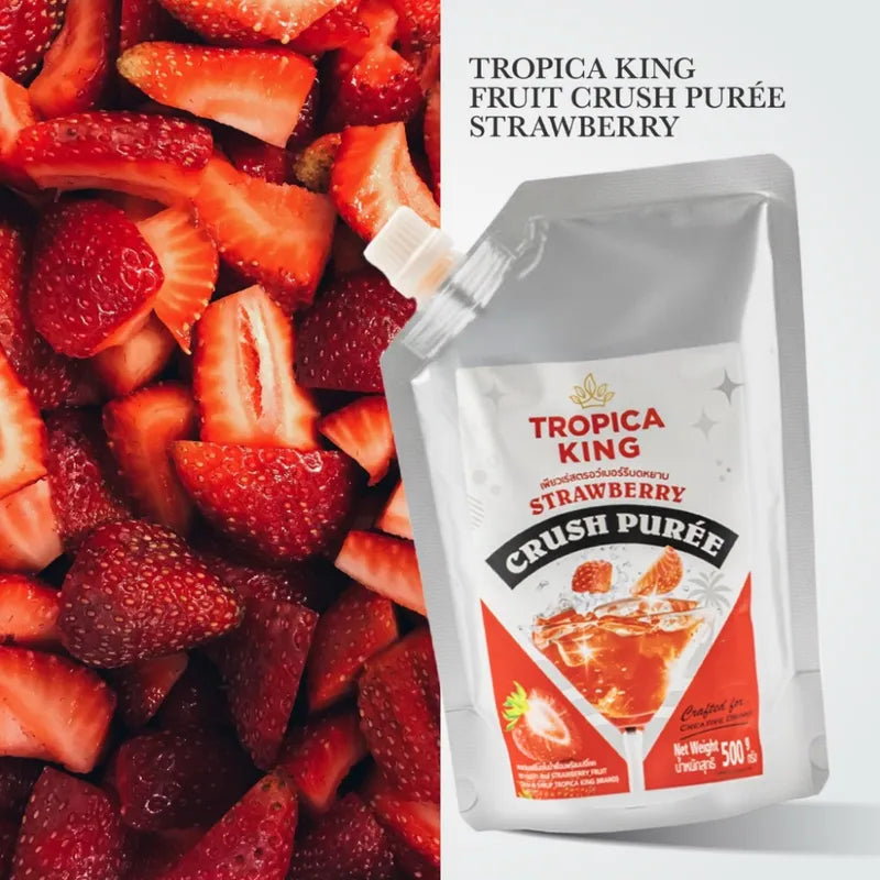 Tropica King strawberry flavor fruit puree 500g jar, dry grocery product with smooth, bright red strawberry puree in glass jar