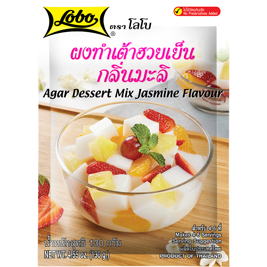 Lobo Agar Dessert with jasmine flavor in a clear bowl, showcasing the translucent jelly dessert made for grocery shopping.