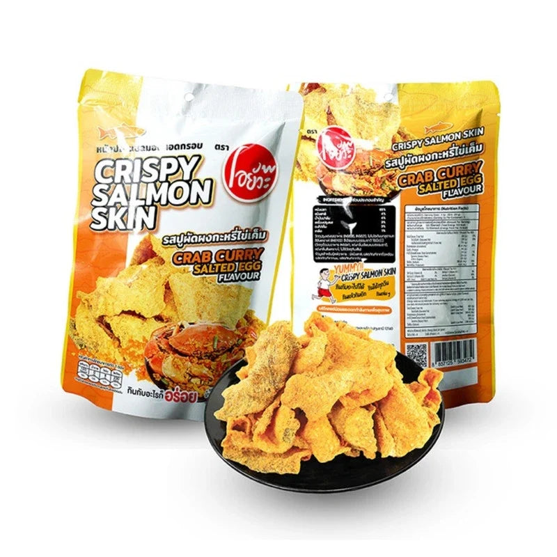 O-yua Crispy Fried Salmon Skin snack with crab curry and salted egg flavor, 20g, in a colorful packaging.