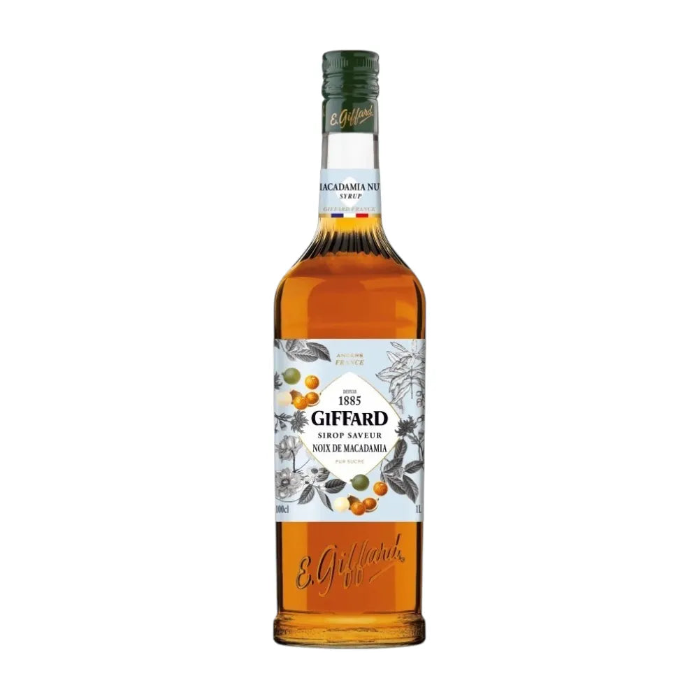 Giffard Barista Macadamia Nuts 1L bottle, dry grocery product with whole macadamia nuts in clear packaging.