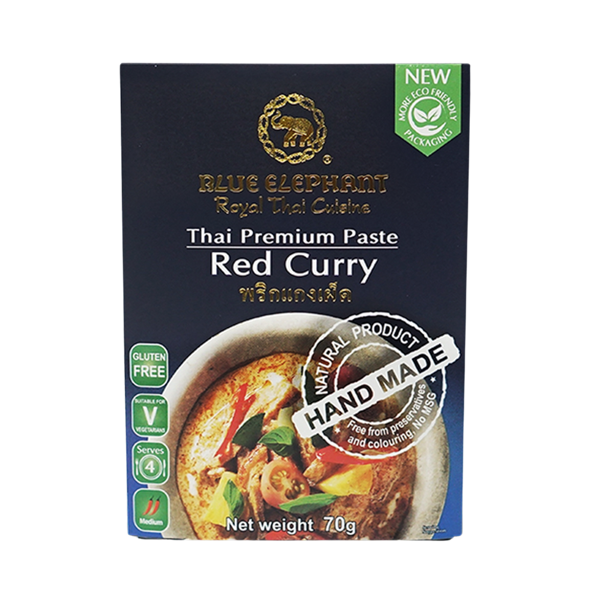 Blue Elephant Red Curry Paste in a jar, vibrant red color, Thai grocery product made for authentic cooking.