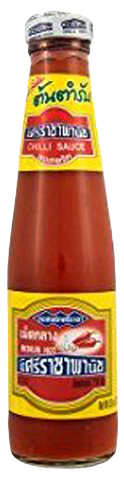 Bottle of Sriracha Red Chilli Sauce Medium from Sriracha brand, showing the red chili sauce in a clear squeeze bottle.