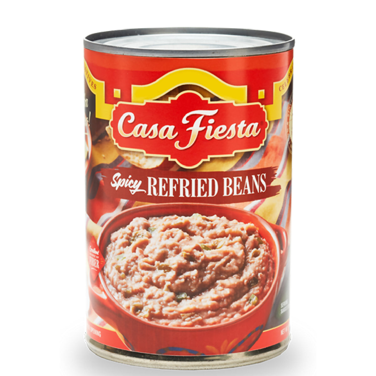 Casa Fiesta spicy refried beans in a can, showing the label with bright colors and product details on the front.