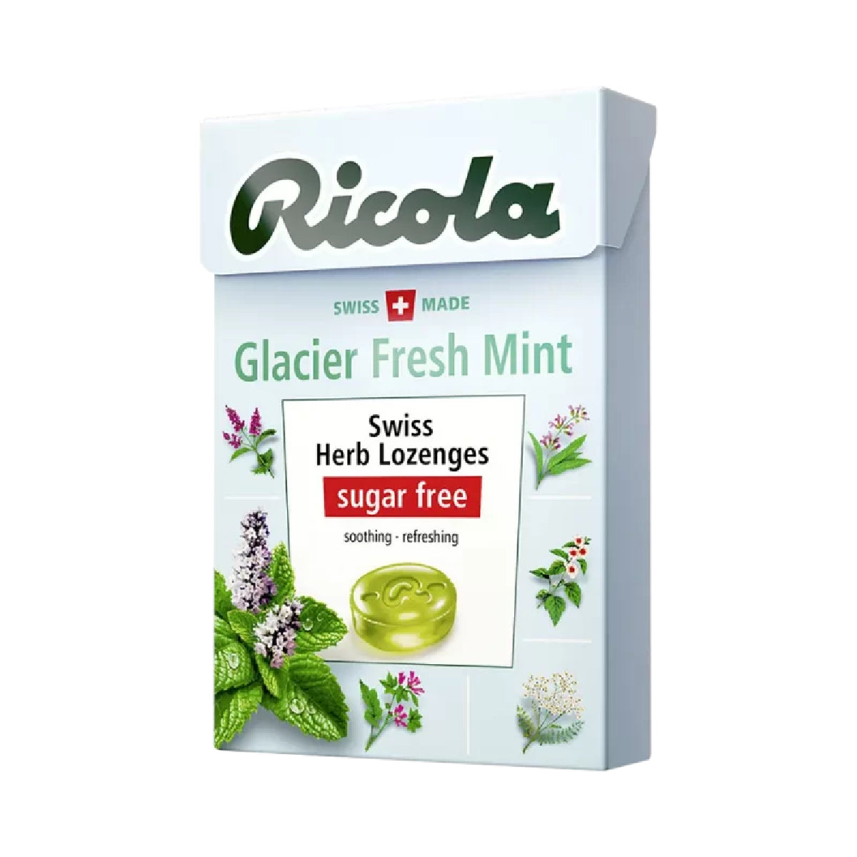 Ricola Fresh Mint Sugarfree confectionery snacks in a clear bag with individually wrapped mint candies, showcasing fresh mint flavor.