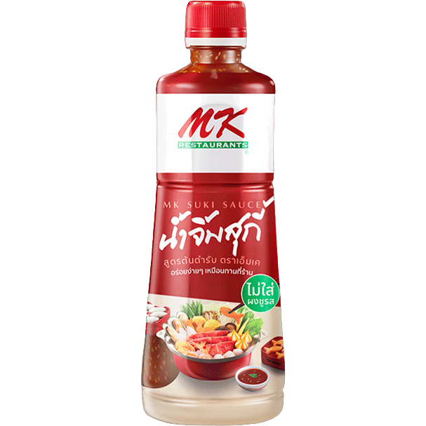Mk Signature Suki Sauce in a glass bottle, ideal for Asian cuisine and stir-fries, with a dark, savory appearance