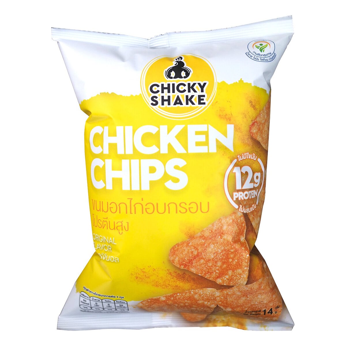 Chicky Shake Chicken Chips in original flavor, a crispy confectionery chicken snack in a colorful bag.