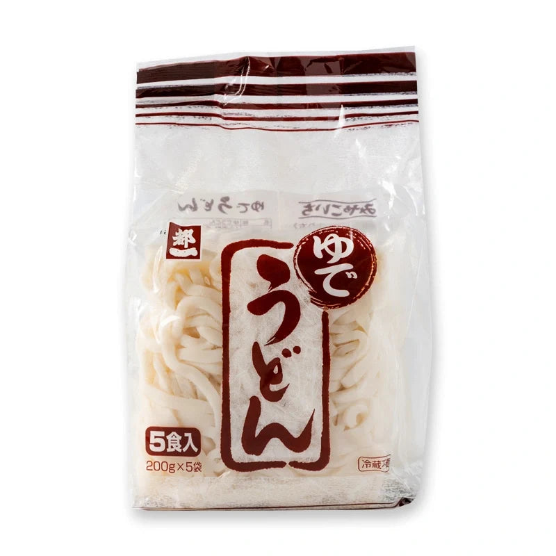 Miyakoichi Yude Udon dry noodles, 200g pack, set of five, from Miyakoichi, showing neatly packaged udon noodles