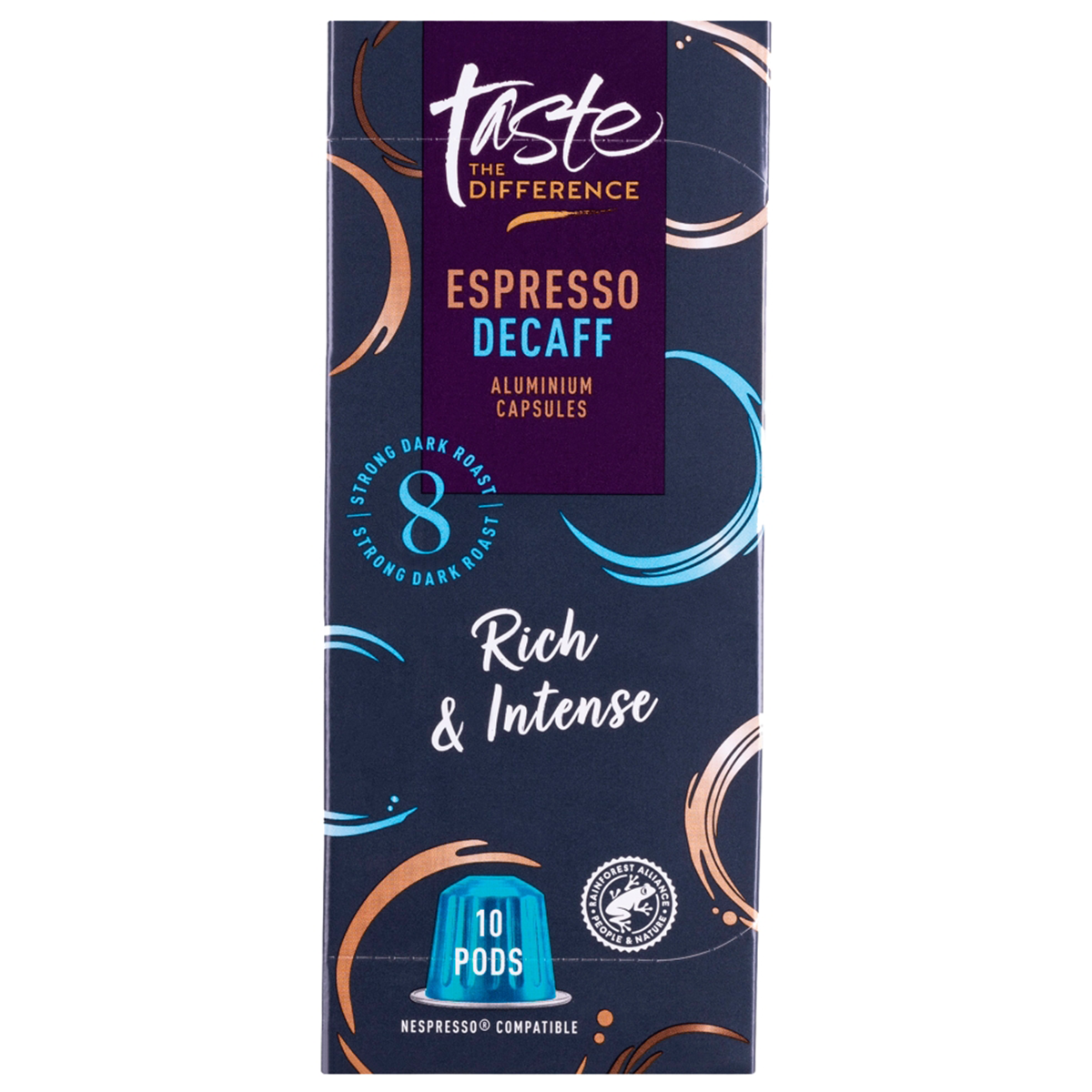 Sainsbury's espresso decaff coffee pods for brewing, shown in a close-up image with the pods arranged in a container.