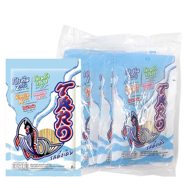 TARO Taro Fish Snack Original Flavored 5g pack, dry grocery snack with seafood flavor, 12-pack for snack enthusiasts.