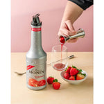 Monin Strawberry Fruitmix in 1000ml bottle, ideal for dry grocery use, featuring fresh strawberry flavor and vibrant red color.