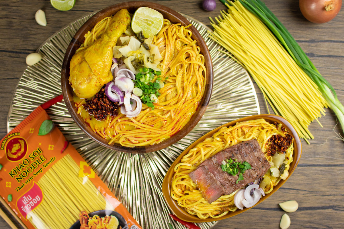Rabbit Brand Khao SOI Noodles, 500g pack of dry Thai rice noodles for cooking, shown in the image.