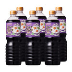 Omakase Japanese soy sauce 1L bottles, six-pack, in clear plastic bottles with black caps, labeled with Japanese branding.
