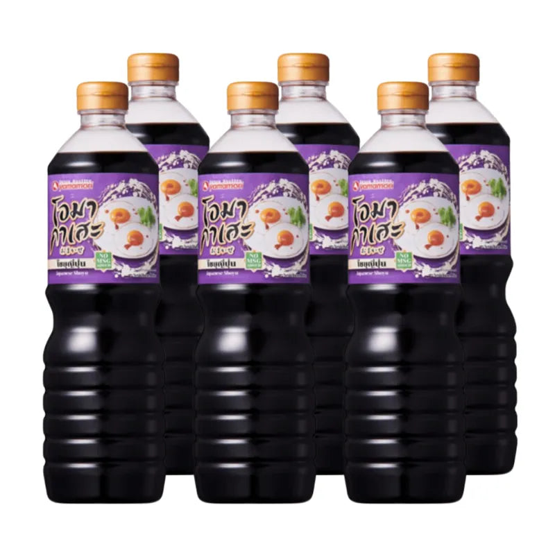 Omakase Japanese soy sauce 1L bottles, six-pack, in clear plastic bottles with black caps, labeled with Japanese branding.