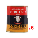 Hereford gluten-free corned beef cans, 340g each, stacked in a pack of six, suitable for dry grocery shopping.