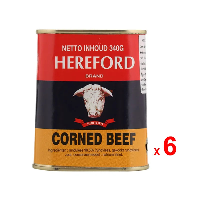 Hereford gluten-free corned beef cans, 340g each, stacked in a pack of six, suitable for dry grocery shopping.