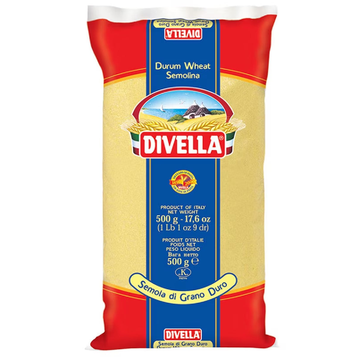Divella Durum Wheat Semolina Flour in a grocery package, suitable for pasta and baking, with a clear label on the bag.