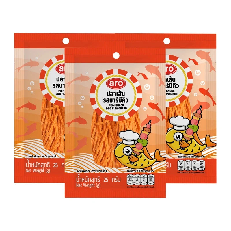 Aro Fish Snack BBQ flavor in 25g packs, three servings of dry grocery snack with colorful packaging and fish-shaped treats.