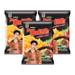Paprika potato extrude snack spicy ramen flavor in 52g packs, shown in three colorful snack bags from PAPRIKA brand.