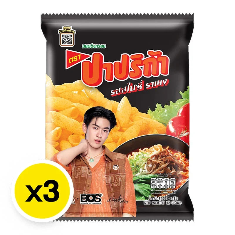 Spicy Paprika Potato Extrude Snack by PAPRIKA, crispy ramen-style snack in a 52g pack, shown in the image.