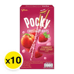 Pocky Crushed Fruit Strawberry Peach Yoghurt snack box, 38g x10, Japanese confectionery with fruit-flavored biscuit sticks.