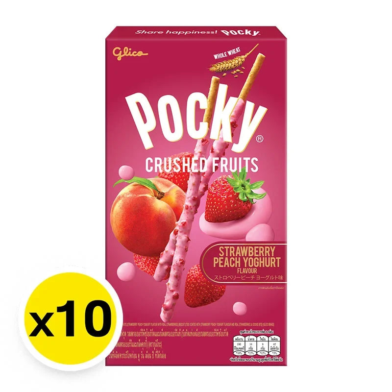 Pocky Crushed Fruit Strawberry Peach Yoghurt snack box, 38g x10, Japanese confectionery with fruit-flavored biscuit sticks.