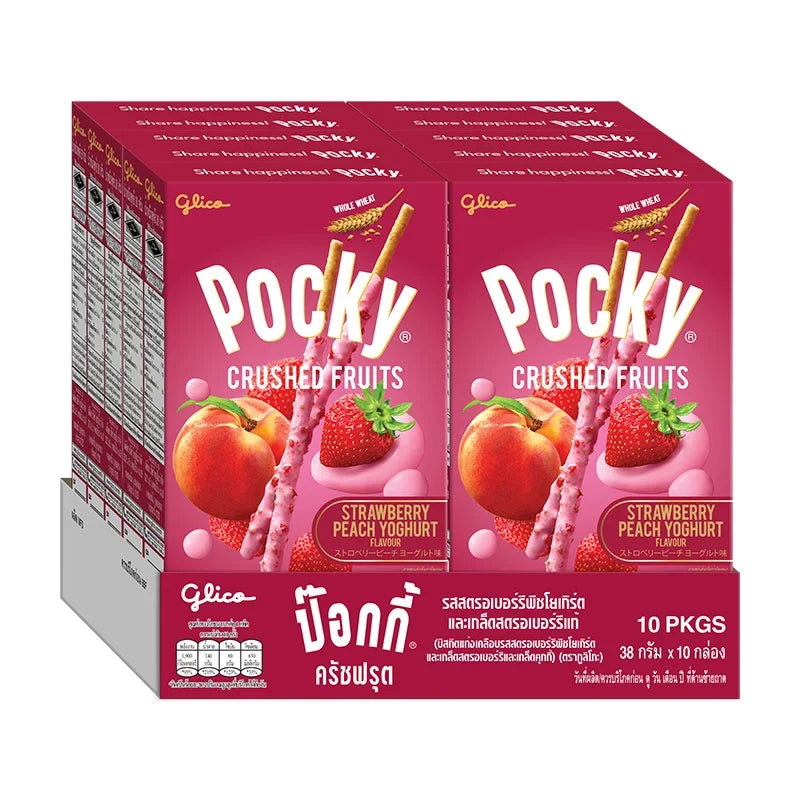Pocky Crushed Fruit Strawberry Peach Yoghurt snack box, 38g x10, dry grocery confectionery with fruity flavored biscuit sticks