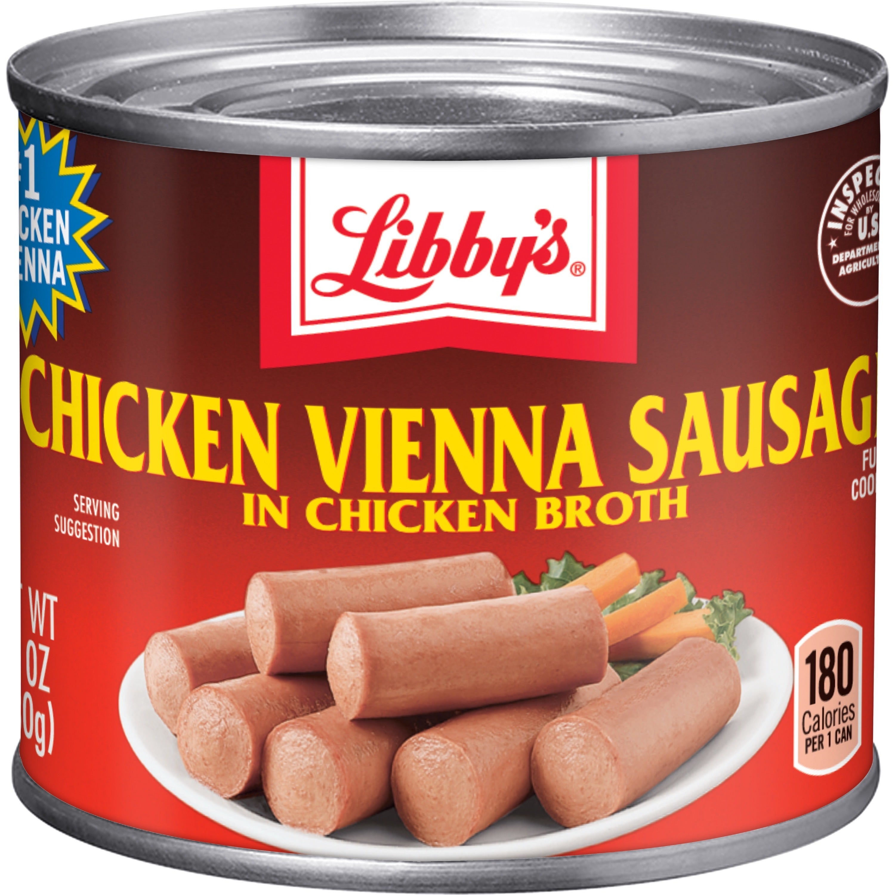 Cans of Libby's Chicken Vienna Sausages in a grocery store, showing the product label with chicken sausage images and branding.
