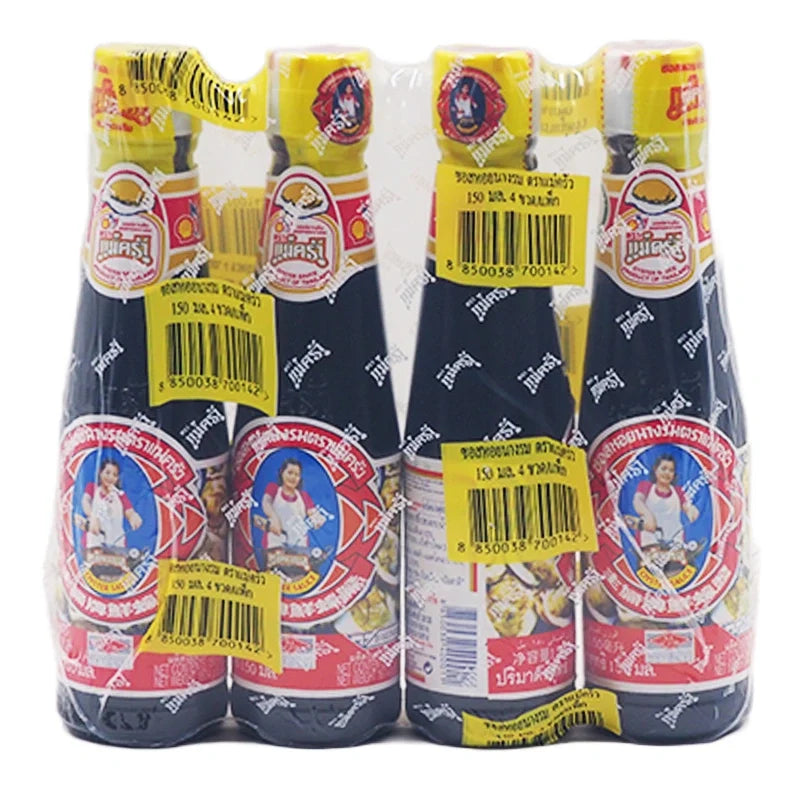 Maekrua Oyster Sauce 150ml bottles, four-pack, native to Thai cuisine, featuring dark, savory liquid in clear bottles.